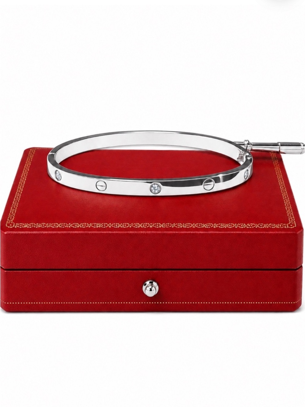 Stamped Platinum Plated Love Bangle Bracelet with Stones Thin Version
